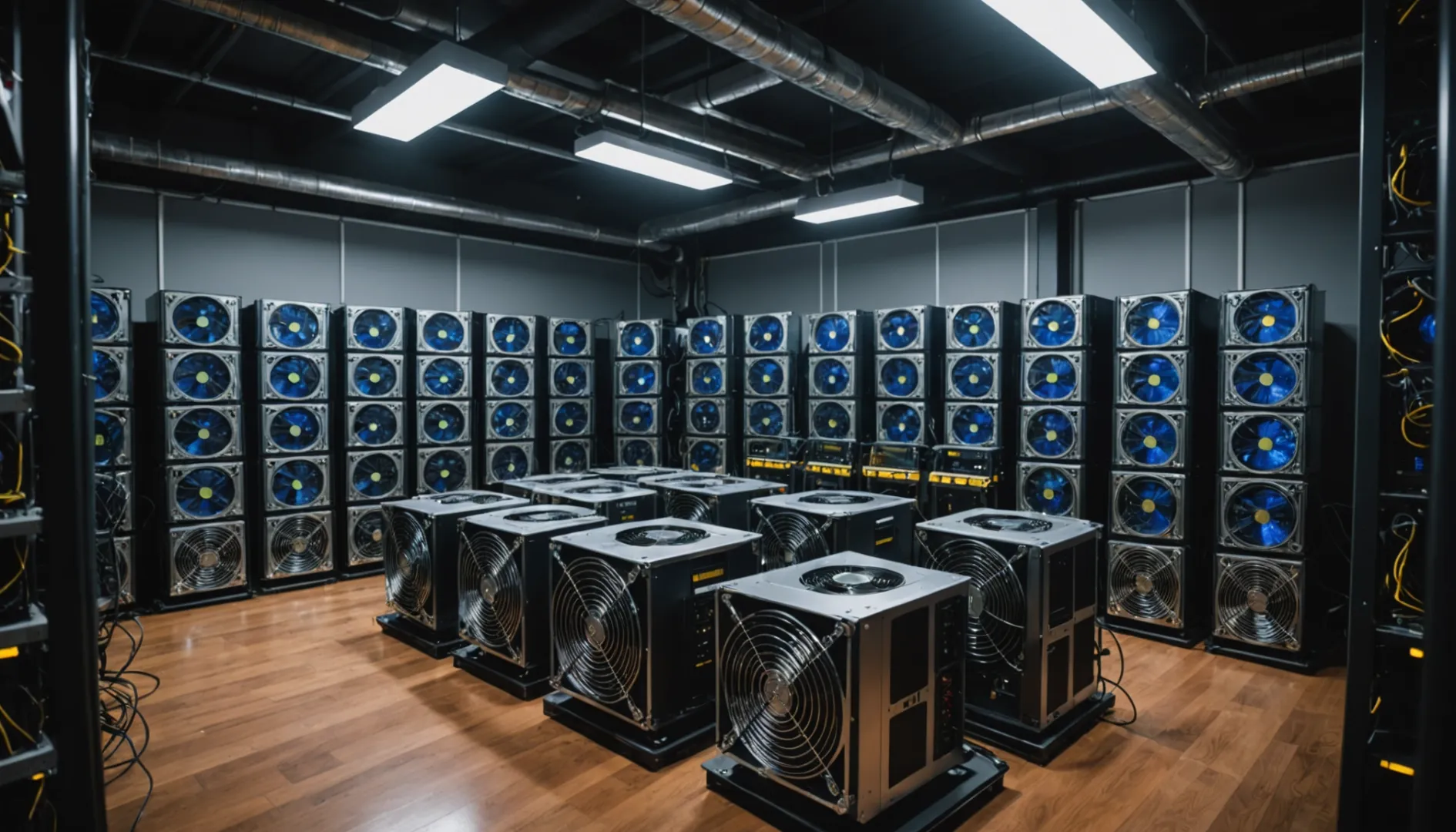 High-end ASIC mining machines in a well-lit room