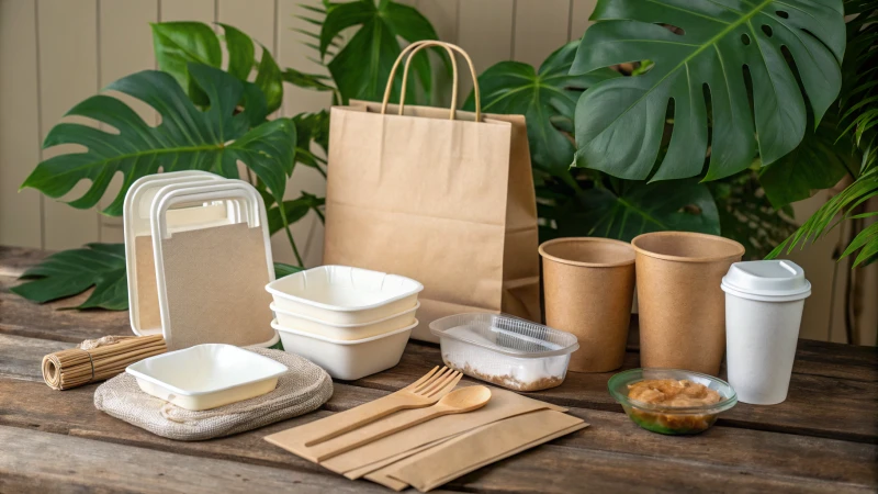 Arrangement of bioplastic products on a wooden table