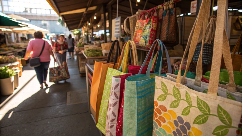 Colorful reusable shopping bags displayed in a market with shoppers in the background