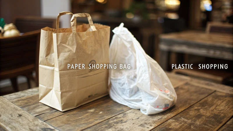 A crumpled paper shopping bag and a used plastic bag on a rustic wooden table