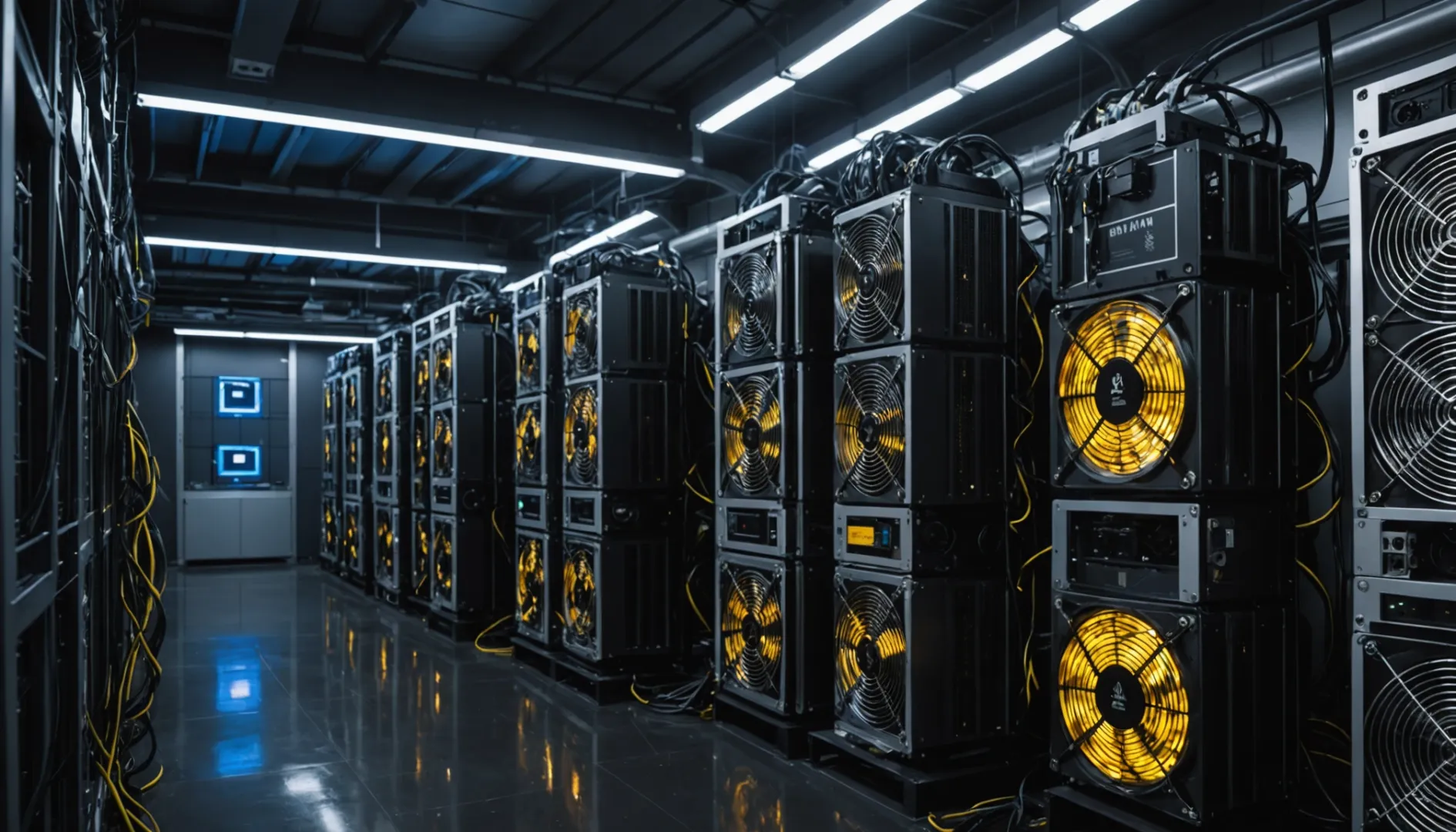 A high-tech cryptocurrency mining facility with ASIC miners