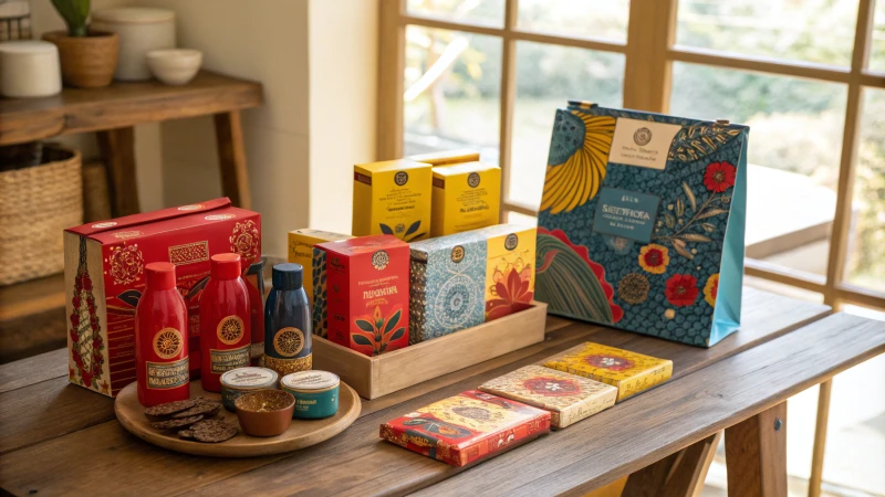 Colorful and unique product packaging displayed on a wooden table