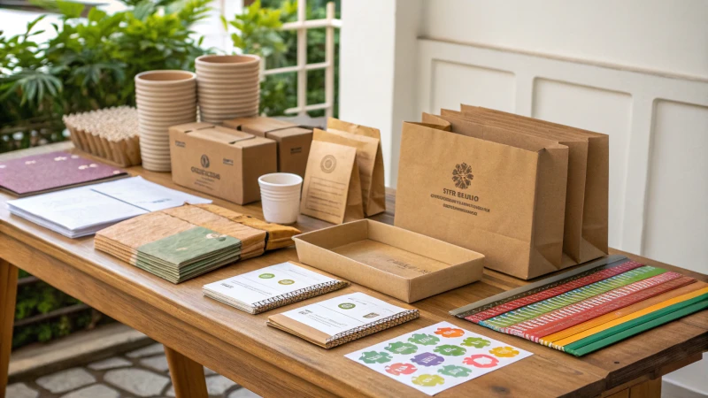 An assortment of eco-friendly packaging materials on a wooden table.