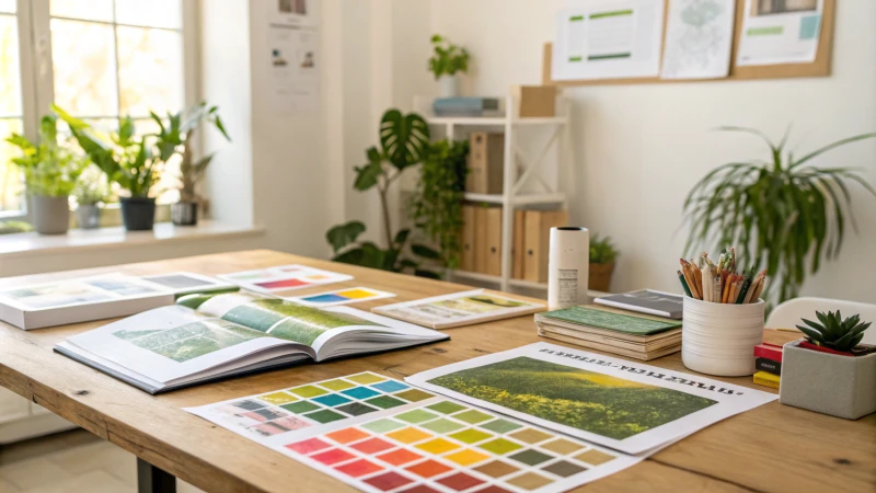 A well-lit workspace showcasing eco-friendly printing samples