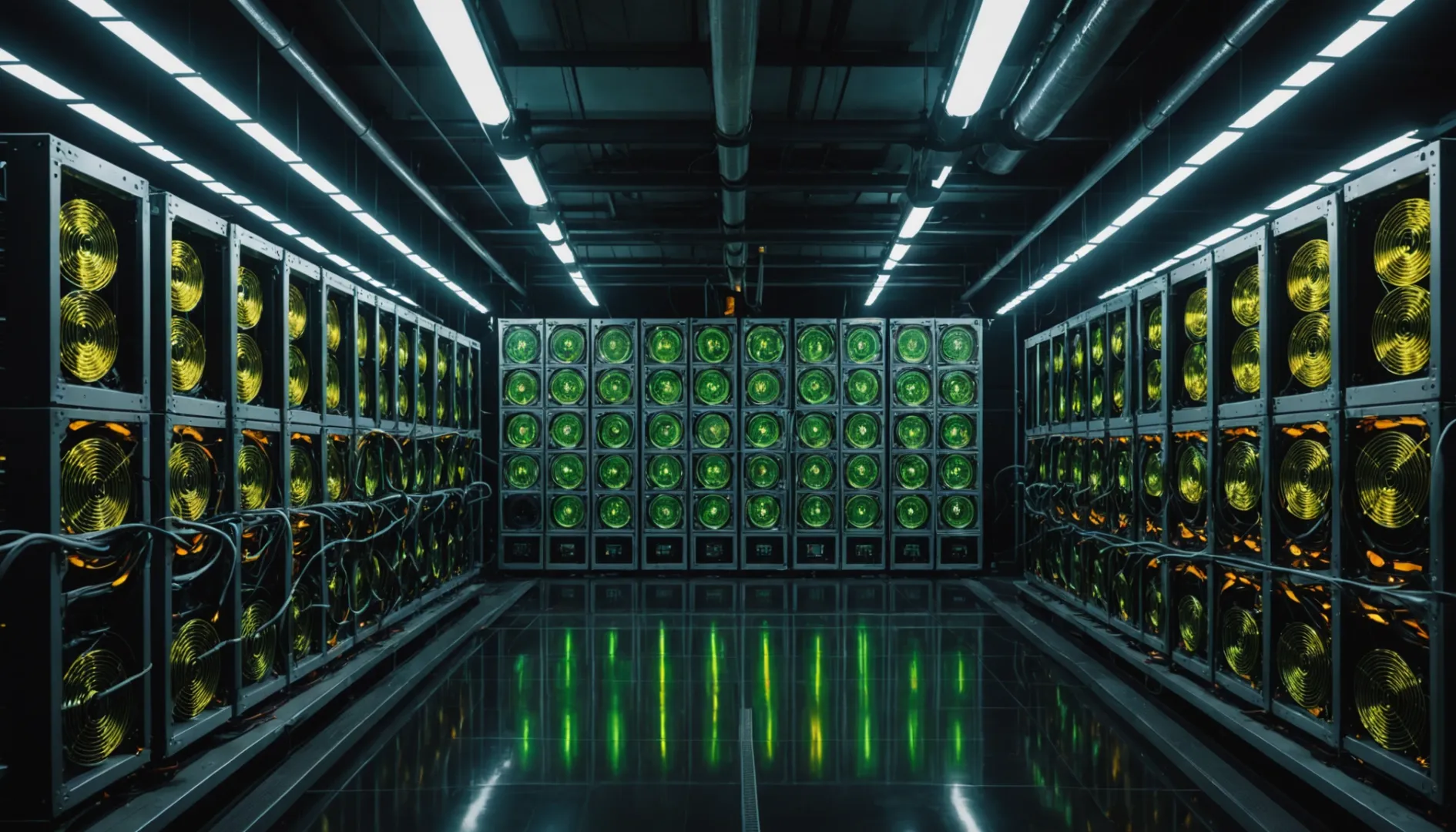 Cryptocurrency mining facility with miners and floating Dogecoin symbols