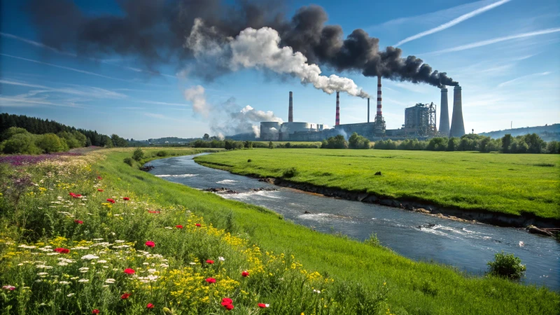 A large industrial factory with smokestacks and a green field in front.