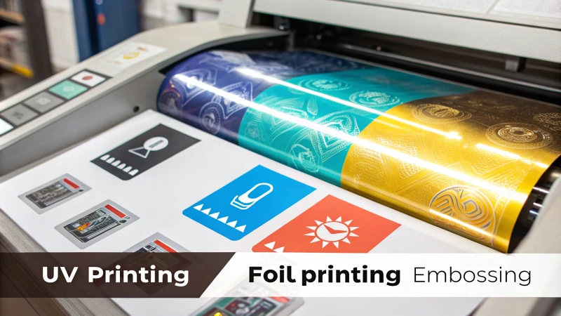 Infographic comparing UV printing, foil printing, and embossing techniques