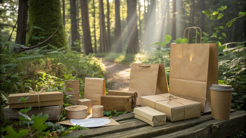 An assortment of kraft paper products in a serene forest setting