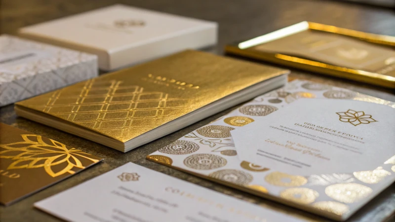 Close-up of printed materials with gold and silver foil accents