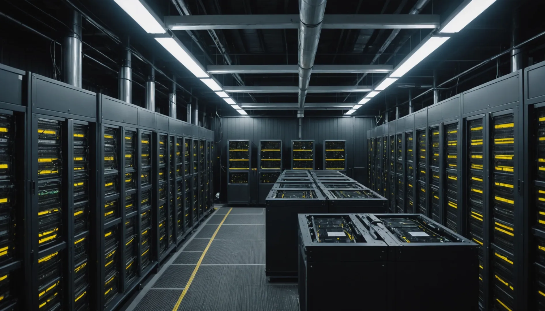 Interior of a cryptocurrency mining facility with ASIC miners