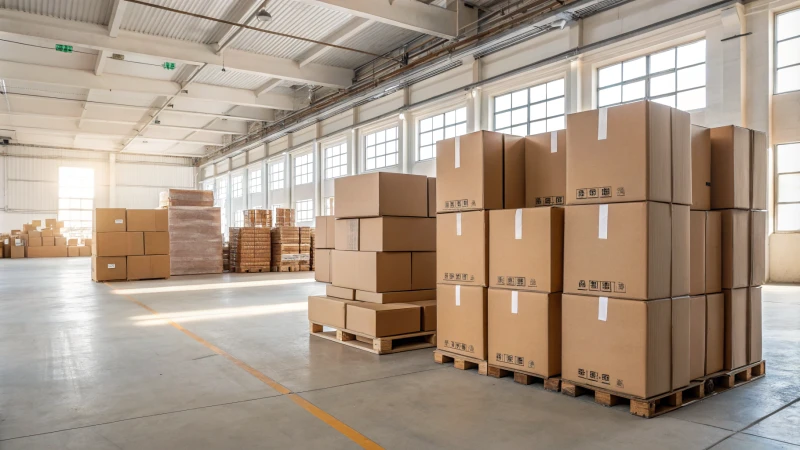 A modern warehouse filled with neatly stacked cardboard boxes