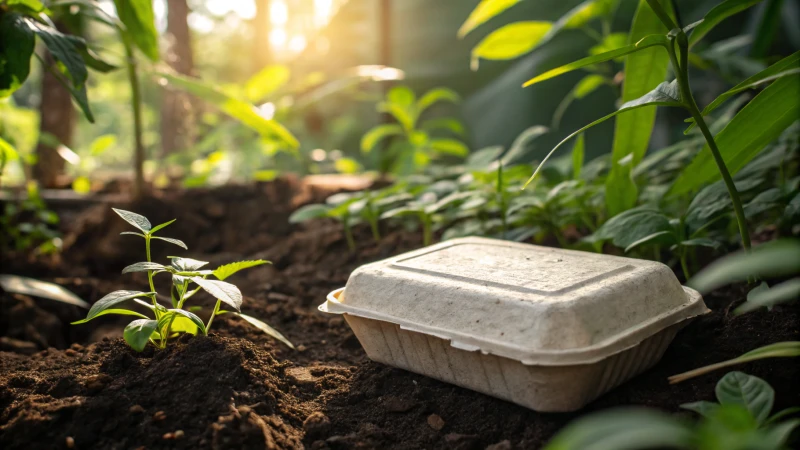 Close-up of mycelium packaging on dark soil with green plants