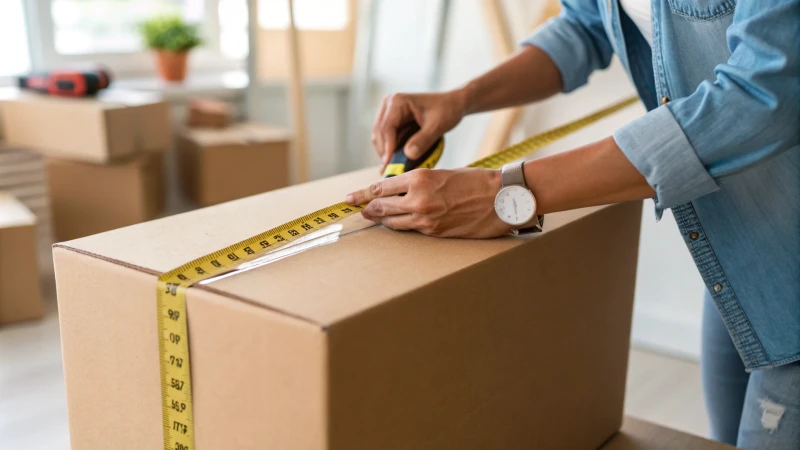 Person measuring a cardboard box with a tape measure