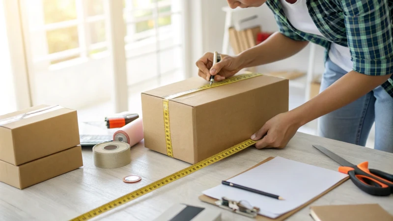 A person measuring a cardboard box with a tape measure