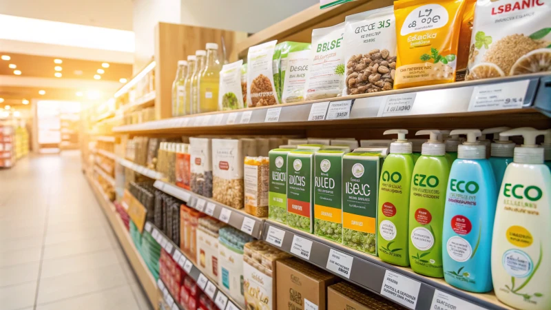 Supermarket shelf showcasing eco-friendly products