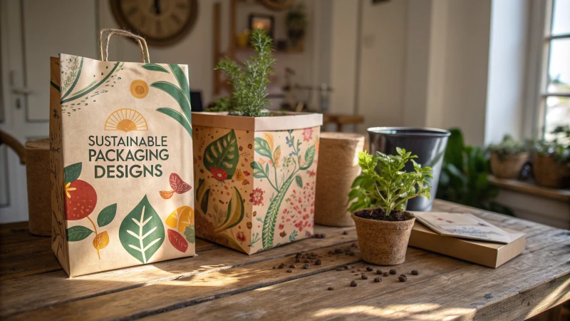 Innovative sustainable packaging designs on a wooden table