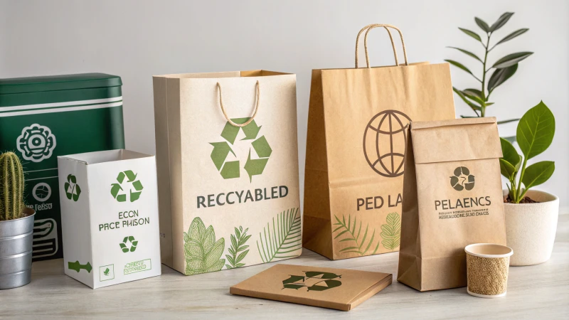 Diverse sustainable packaging designs displayed aesthetically