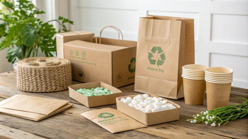 Variety of sustainable packaging materials on a wooden table