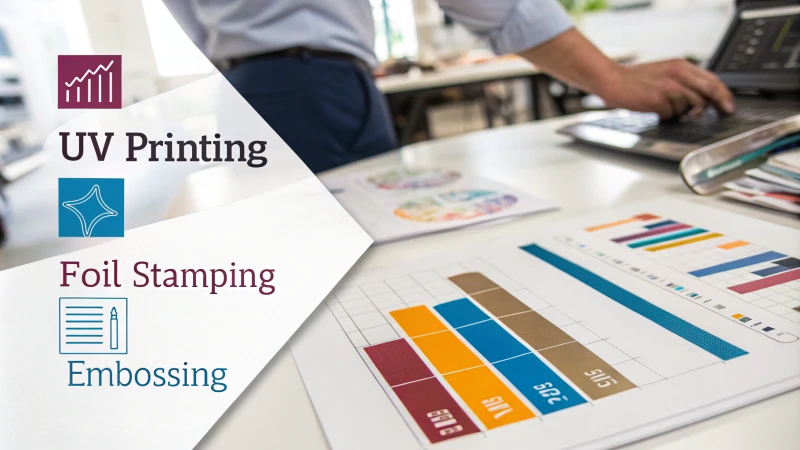 Infographic comparing costs of UV printing, foil stamping, and embossing techniques