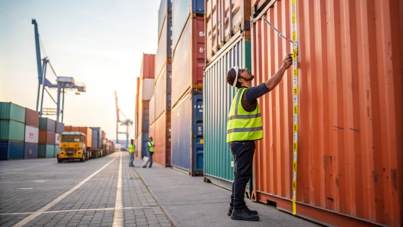 Worker measuring shipping container in a busy yard